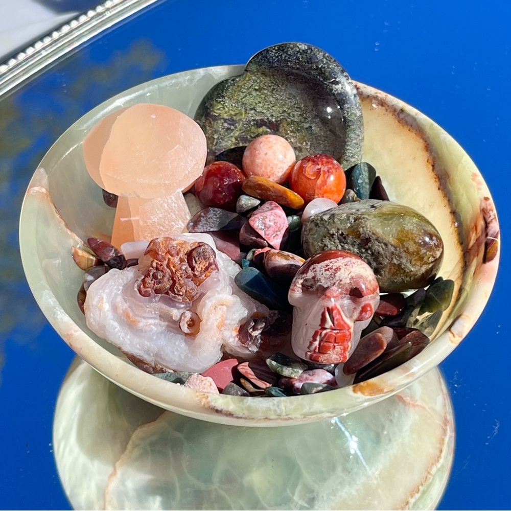 Brecciated Jasper Skull, Selenite Mushroom, Dragon Blood Heart, Raw Fire Agate